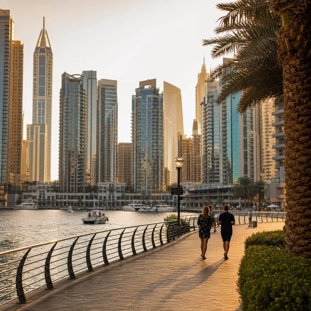 Панорама Dubai Marina с жилыми башнями, набережной и яхтами днём